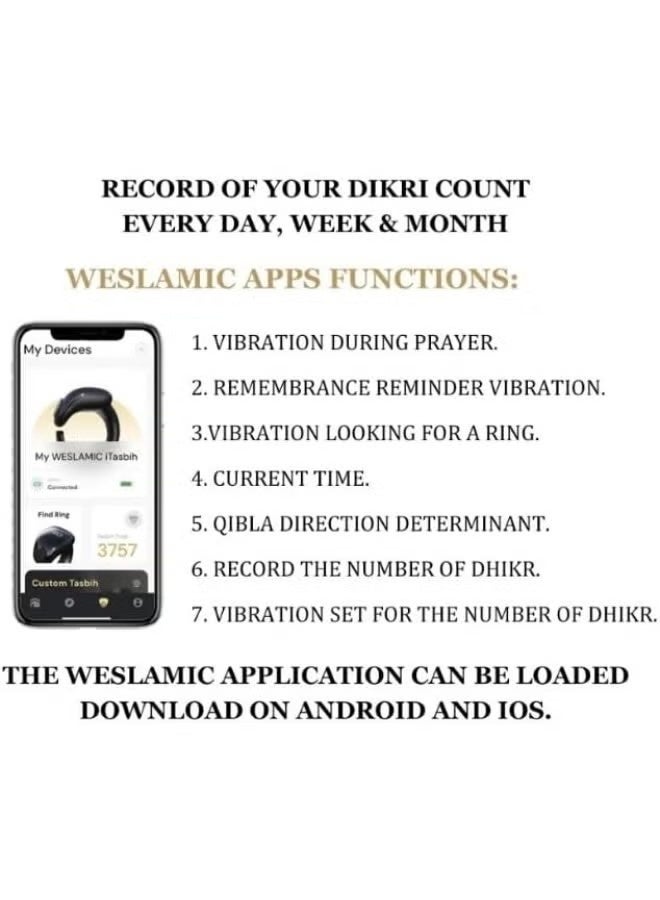 WESLAMIC iTasbih Smart Digital Tasbih Counter Ring for Zikr & Prayer – OLED Display Tasbeeh Ring with Bluetooth App Sync, Azan Prayer Time Reminders, Waterproof Wudu-Friendly Design, Magnetic Charging, Adjustable 18mm & 20mm Sizes – Sleek Black Islamic Gift for Men & Women - Image 5
